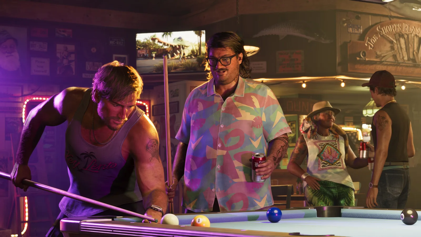 Jason and Cal playing pool in the foreground of a busy bar.