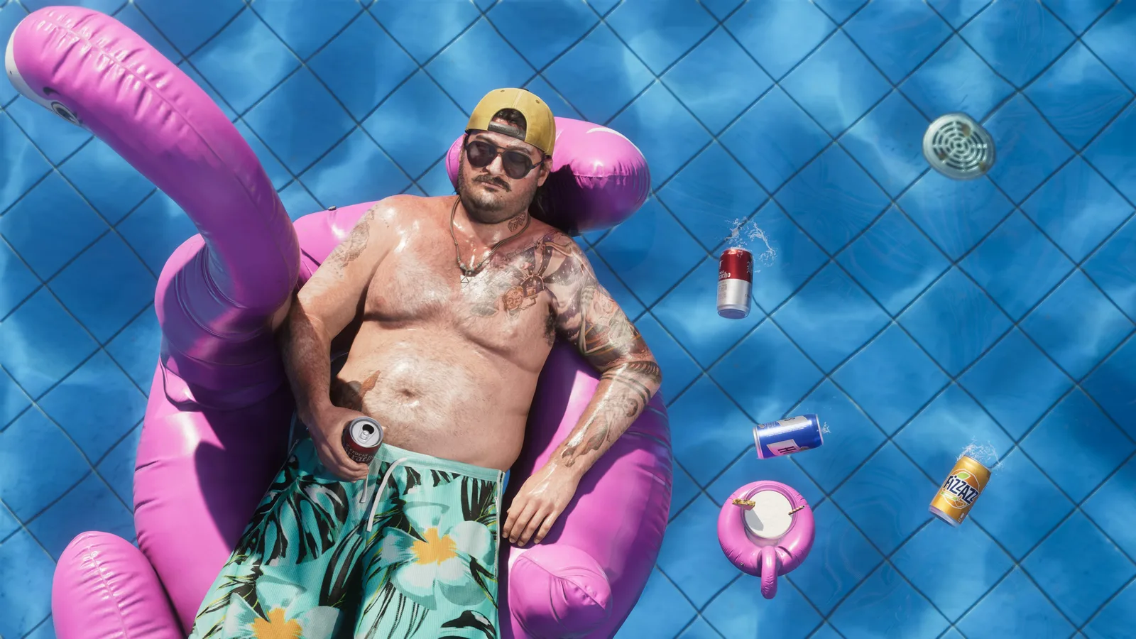 Cal lying on a flamingo floaty in a pool surrounded by floating cans.