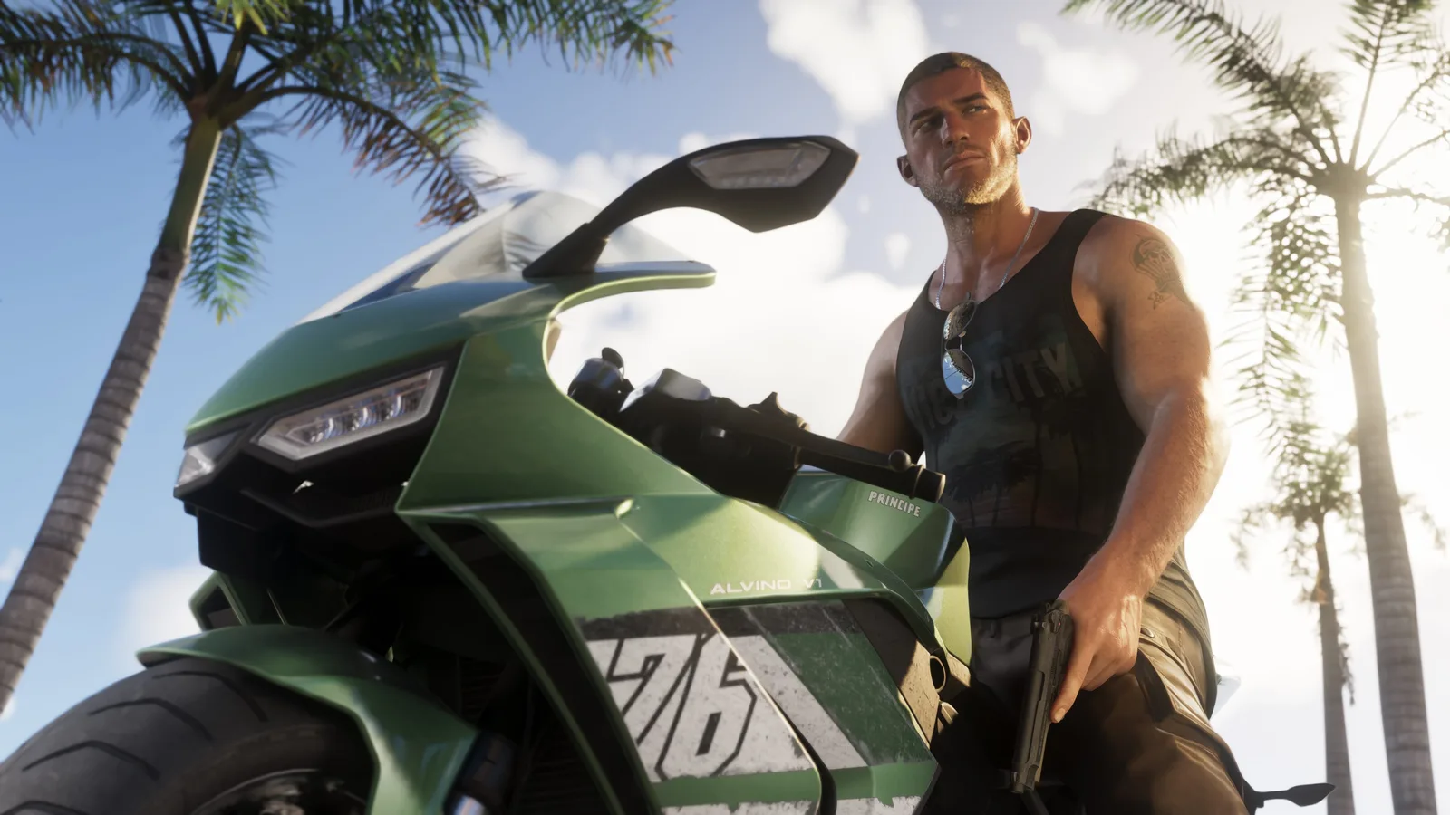 Jason sitting on a motorcycle holding a handgun.
