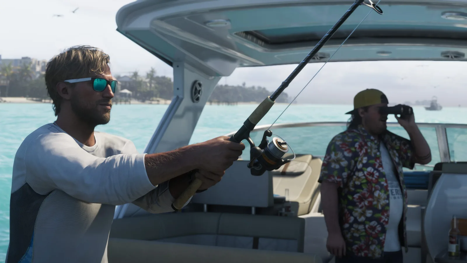 Jason and Cal on a boat; Jason holds a fishing rod while Cal looks through binoculars.